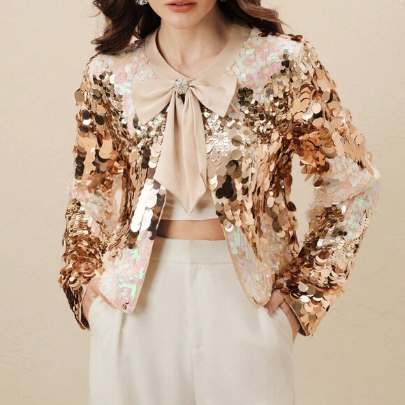 Apricot Elegant Women's Gradient Sequin Jacket - Picture 3 of 7